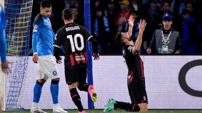 Olivier Giroud celebrates a goal against Napoli.